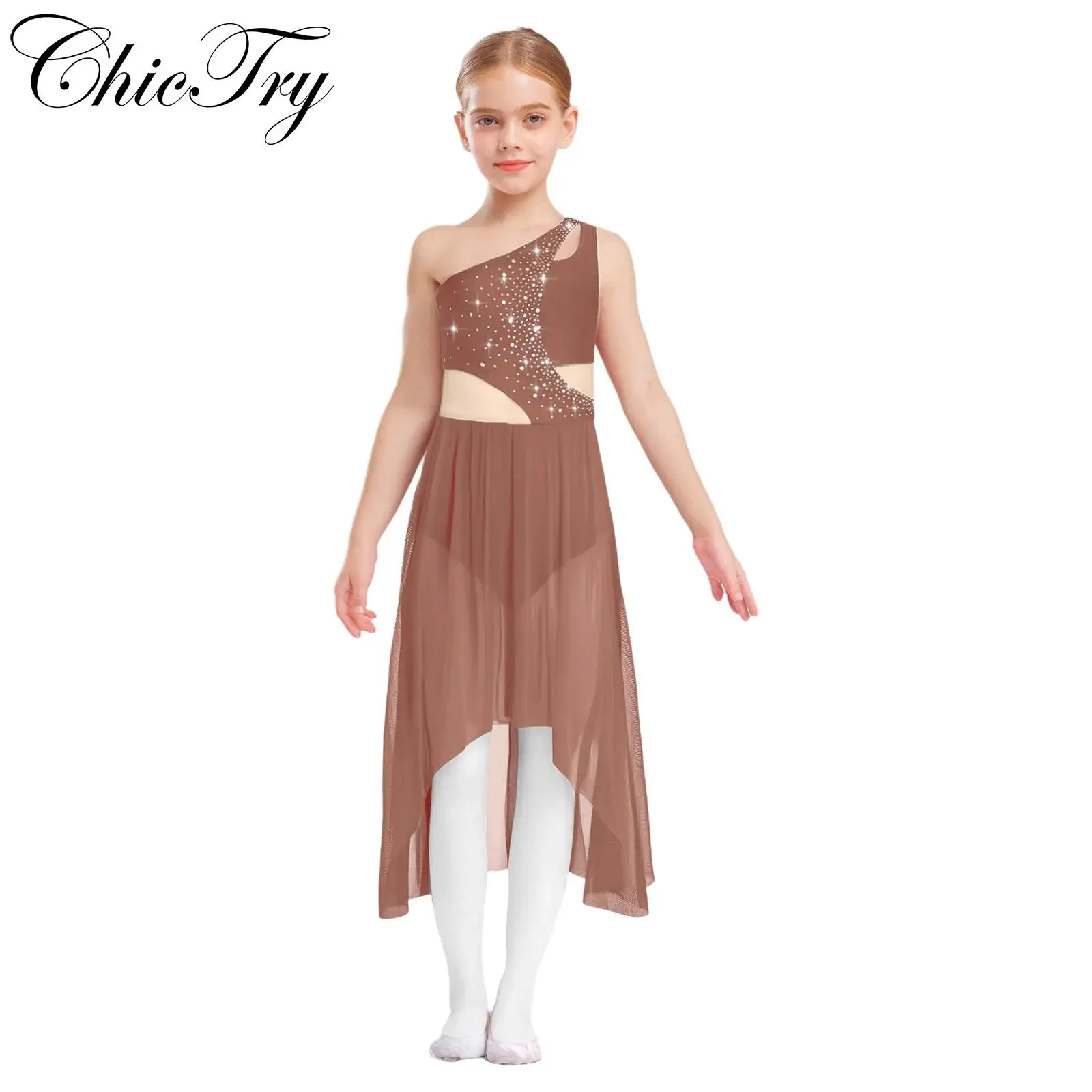 

Kid Girls Lyrical Dance Dress Rhinestones One Shoulder Sleeveless Cutout High-Low Flowy Mesh Dress Modern Contemporary Dancewear