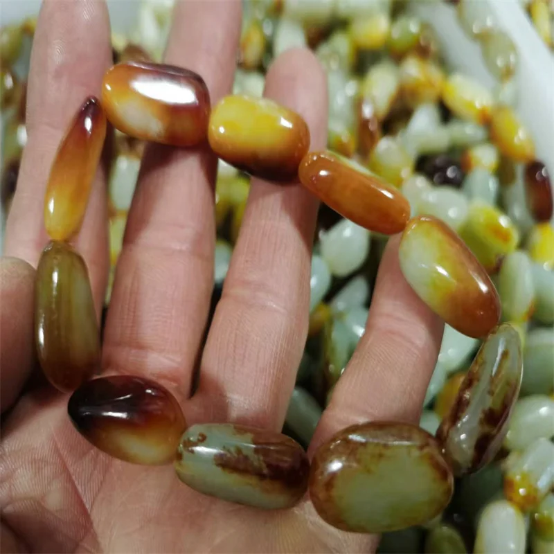

Natural Hetian Ziyu Jade, With leather color stones Jade bead Raw Stone Bracelet Hand chain