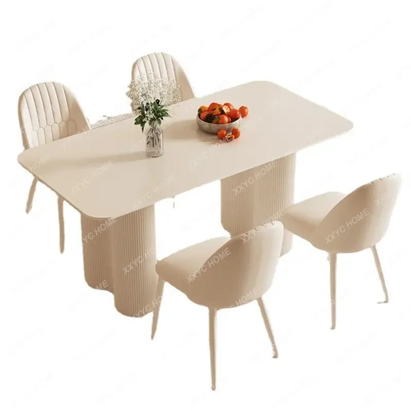 Stone Plate Dining Table Simple Small Apartment Dining Table Cream Style French Rectangular Dining Tables and Chairs Set