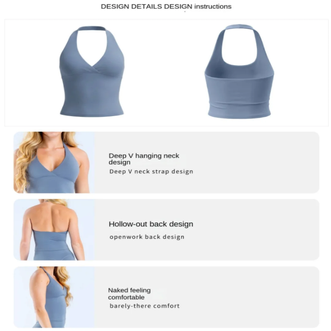 Bra Halter V-Neck Yoga Tank Top with Built-in Bra, Longline Workout Cami with Removable Pads for Pilates Gym