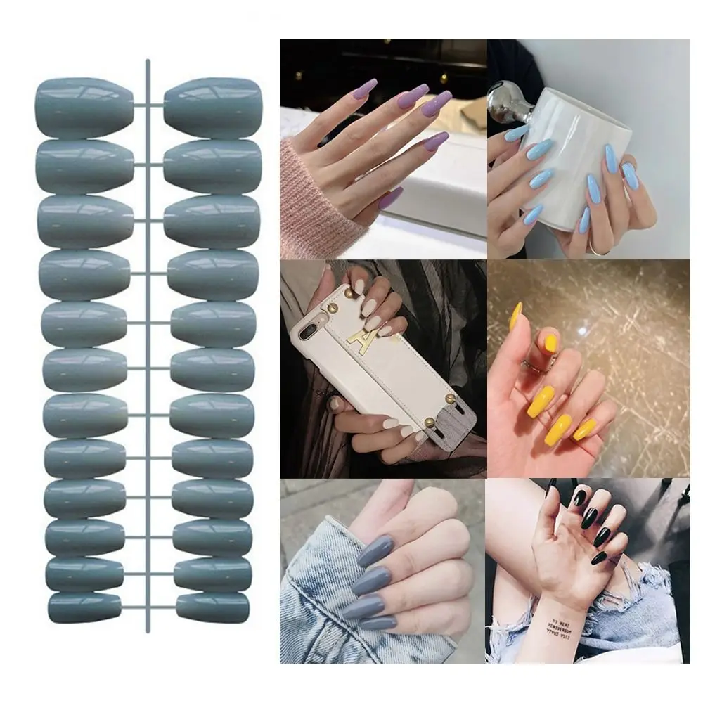 24Pcs Solid Color Fake Nails Bright Ballet Trapezoid False Nail Detachable Wearable Full Cover Manicure Press-on Nails For Women