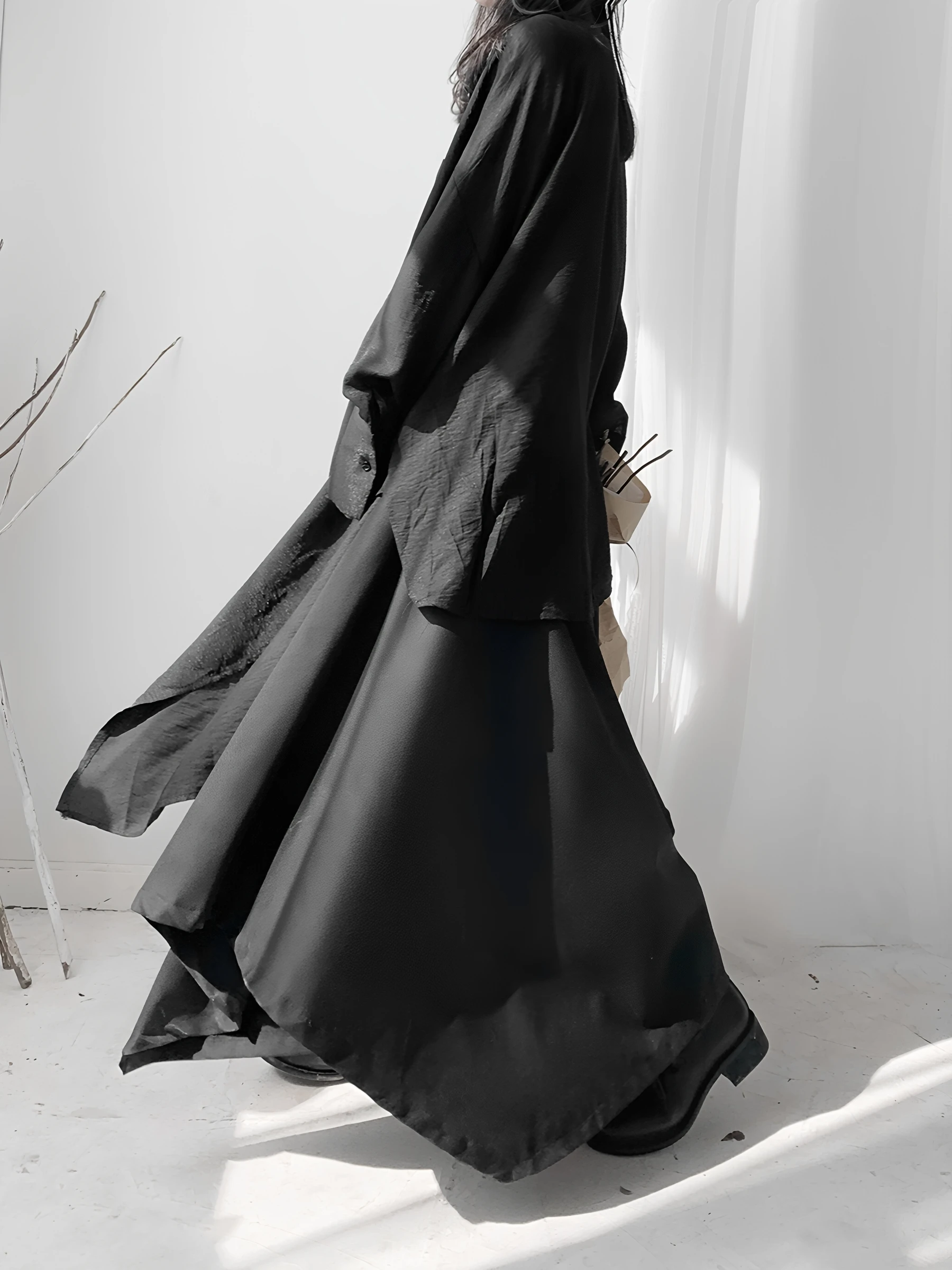 Dark Style Asymmetrical Wide Leg Pants Women's Black Skirt Pants Loose Fit Casual Trousers Original Design Simple Pure Color