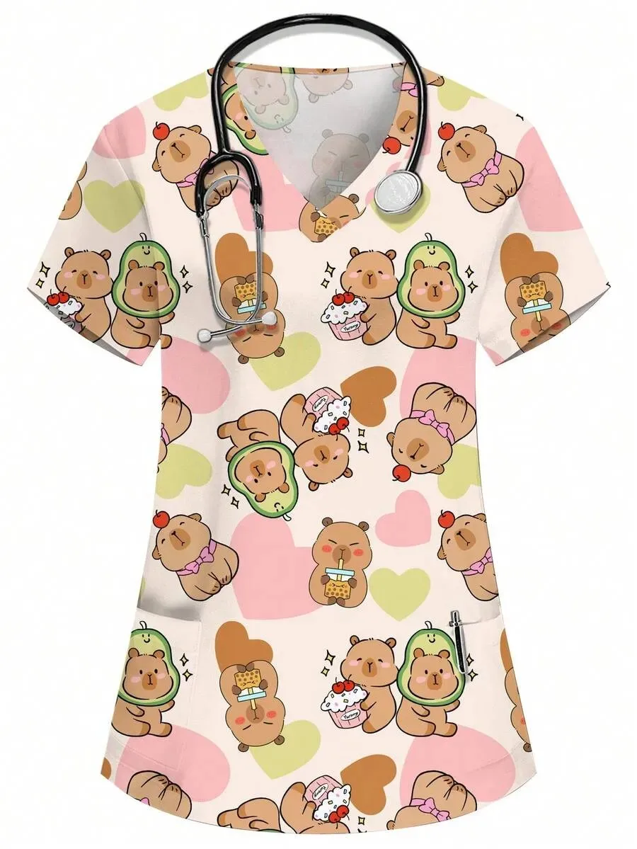 Halloween Women's Commuter Outfit Printed Surgical Gown/Nurse Uniform V-Neck Short Sleeve with Patch Pockets Nurse T-Shirt