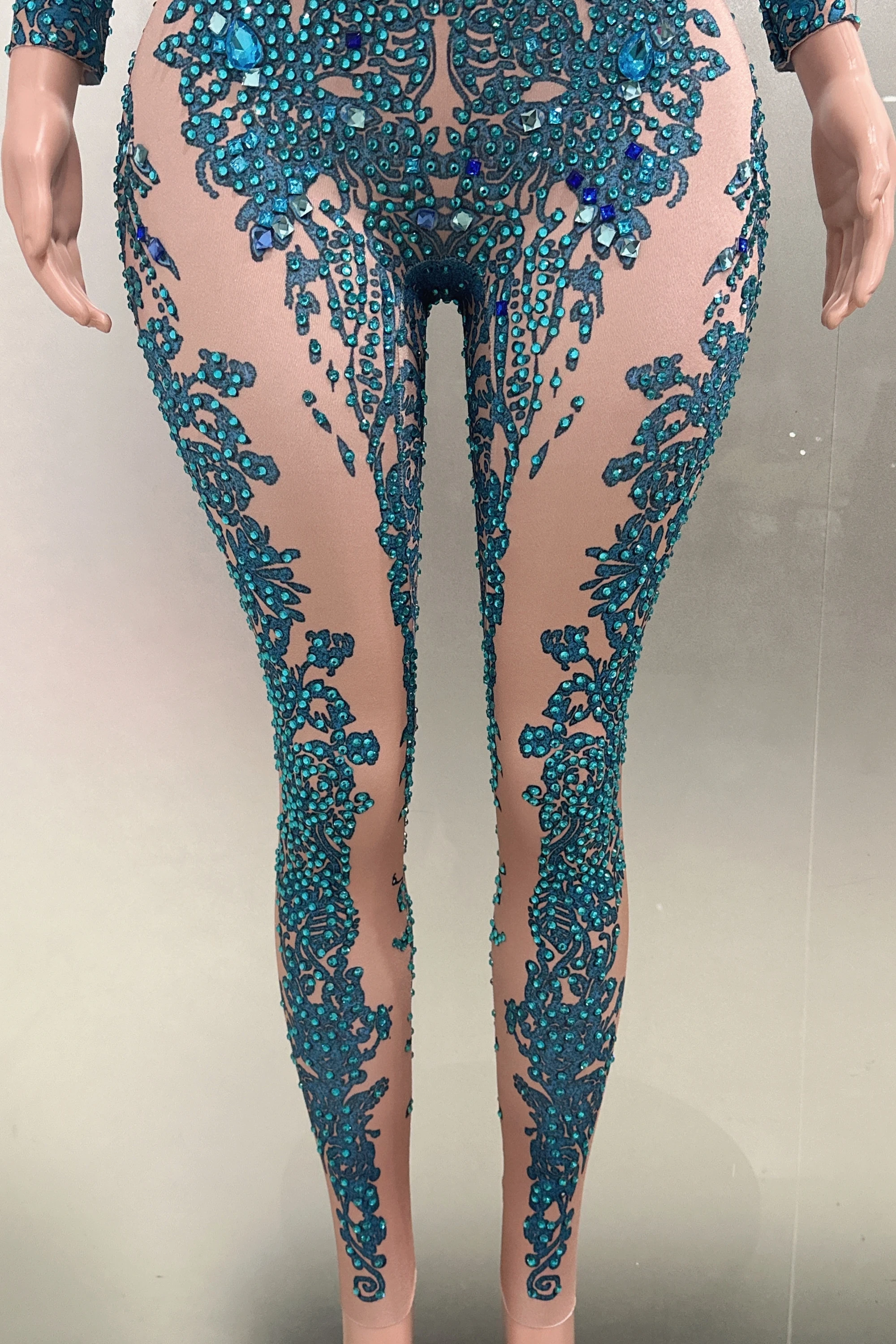 Em estoque de alta qualidade brilhante diamante azul cor bainha macacão boate cantor dj desempenho traje dançarino palco wear