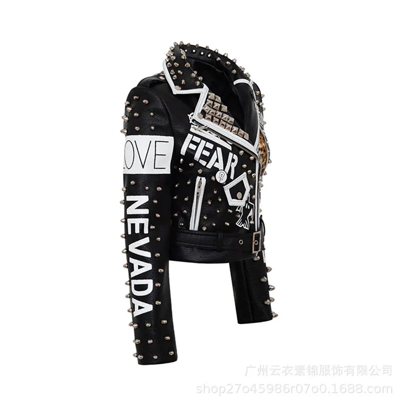 Autumn Fashion Rivet Leather Motorcycle Jacket For Women Punk Style Leopard Letters Printing Rock Biker Streetwear