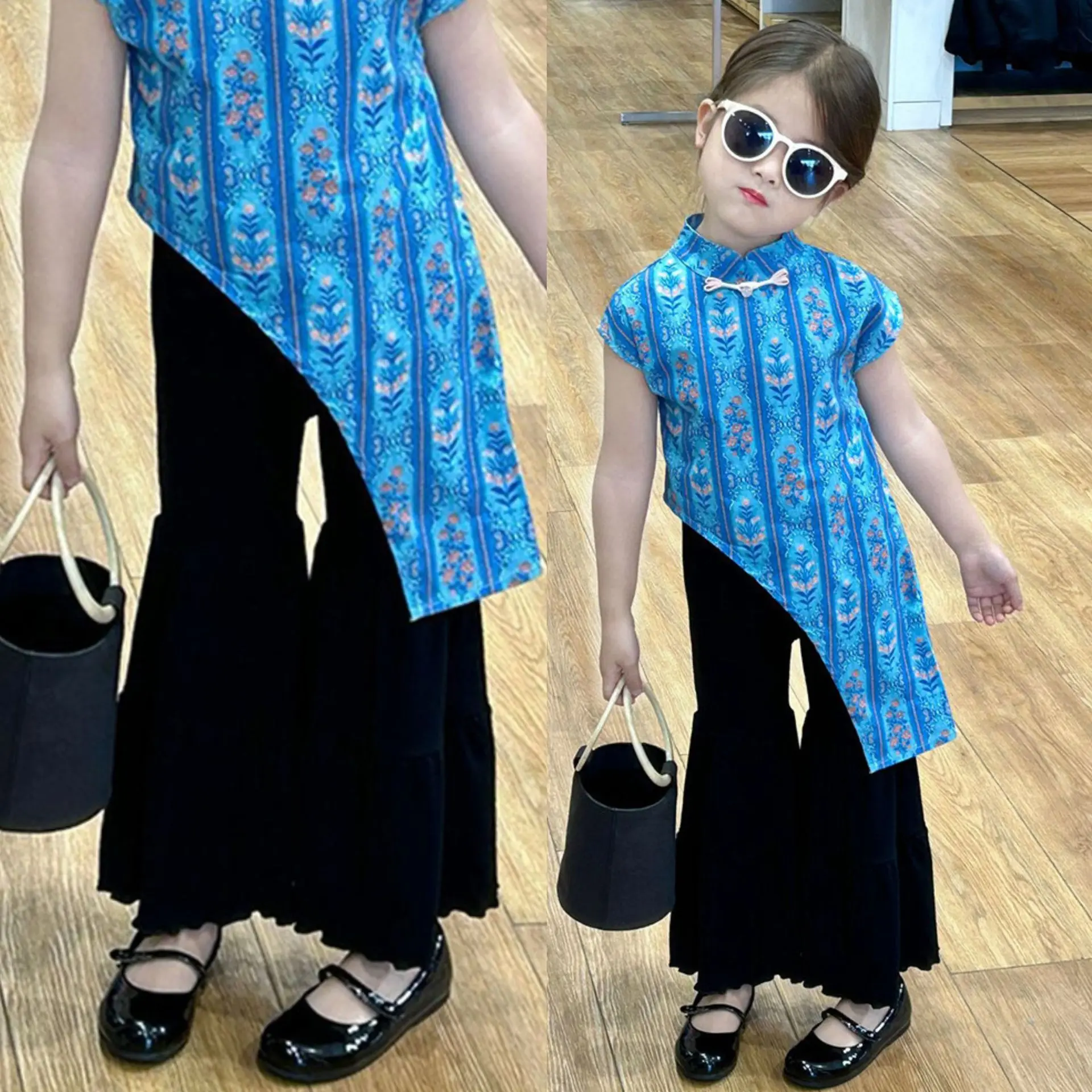 Girls' Leggings Summer New Style European and American Style Spliced Flared Pants Fashionable Black Temperament Trousers