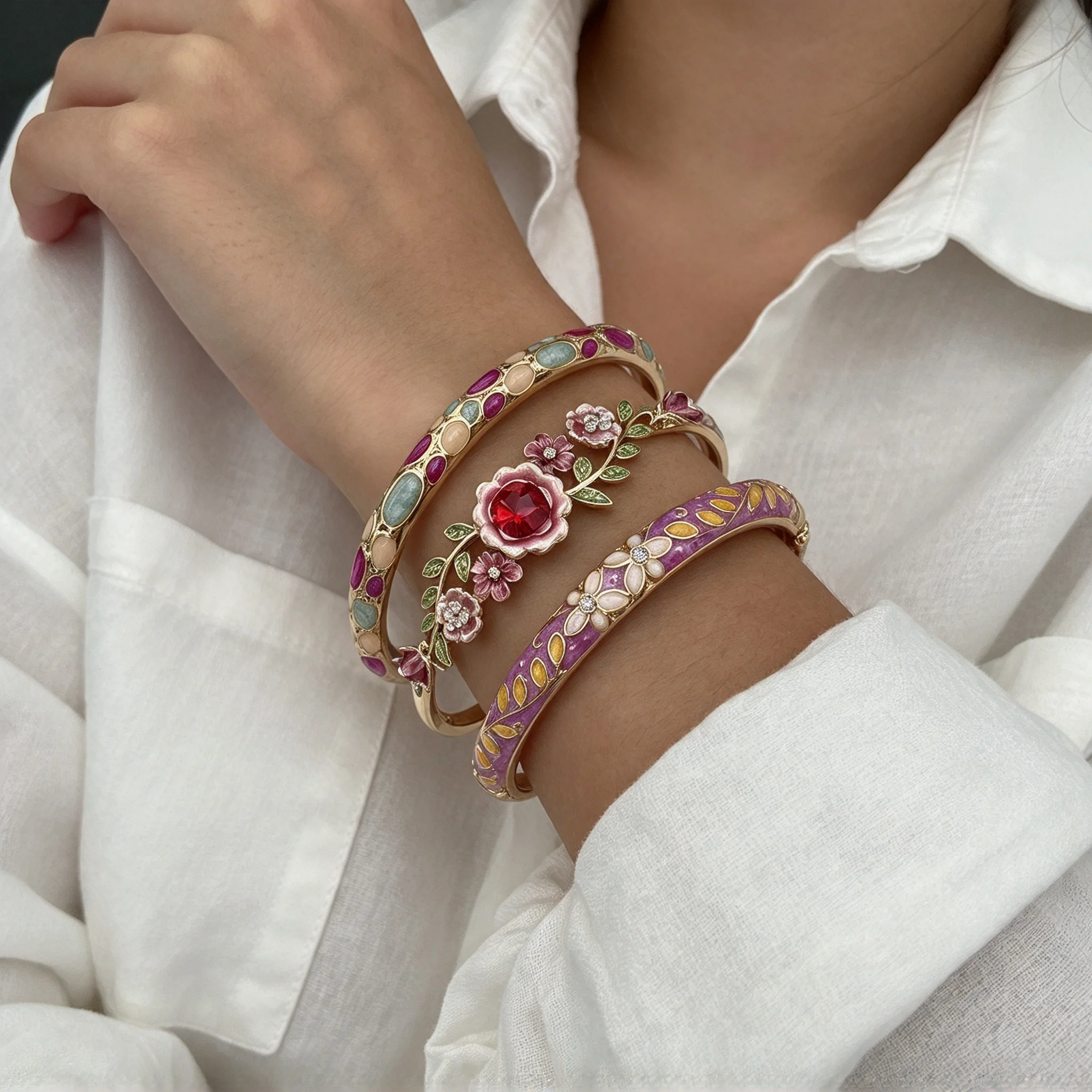 Fashionable Romantic Floral Copper Bracelet Set for Women Sweet Cute Enamel Irregular Jewelry Gift for Girlfriend Party