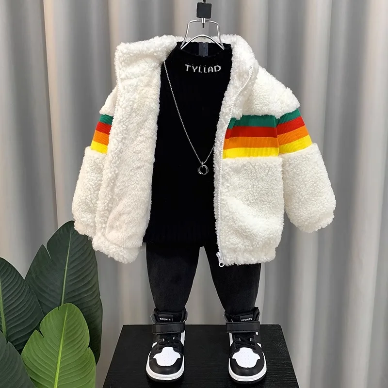 

Thiened Lamb Velvet Jaet for Boys Autumn Winter Clothes Fce Lined Baby Cotton Coat Youthful ular Stand Fit Coat