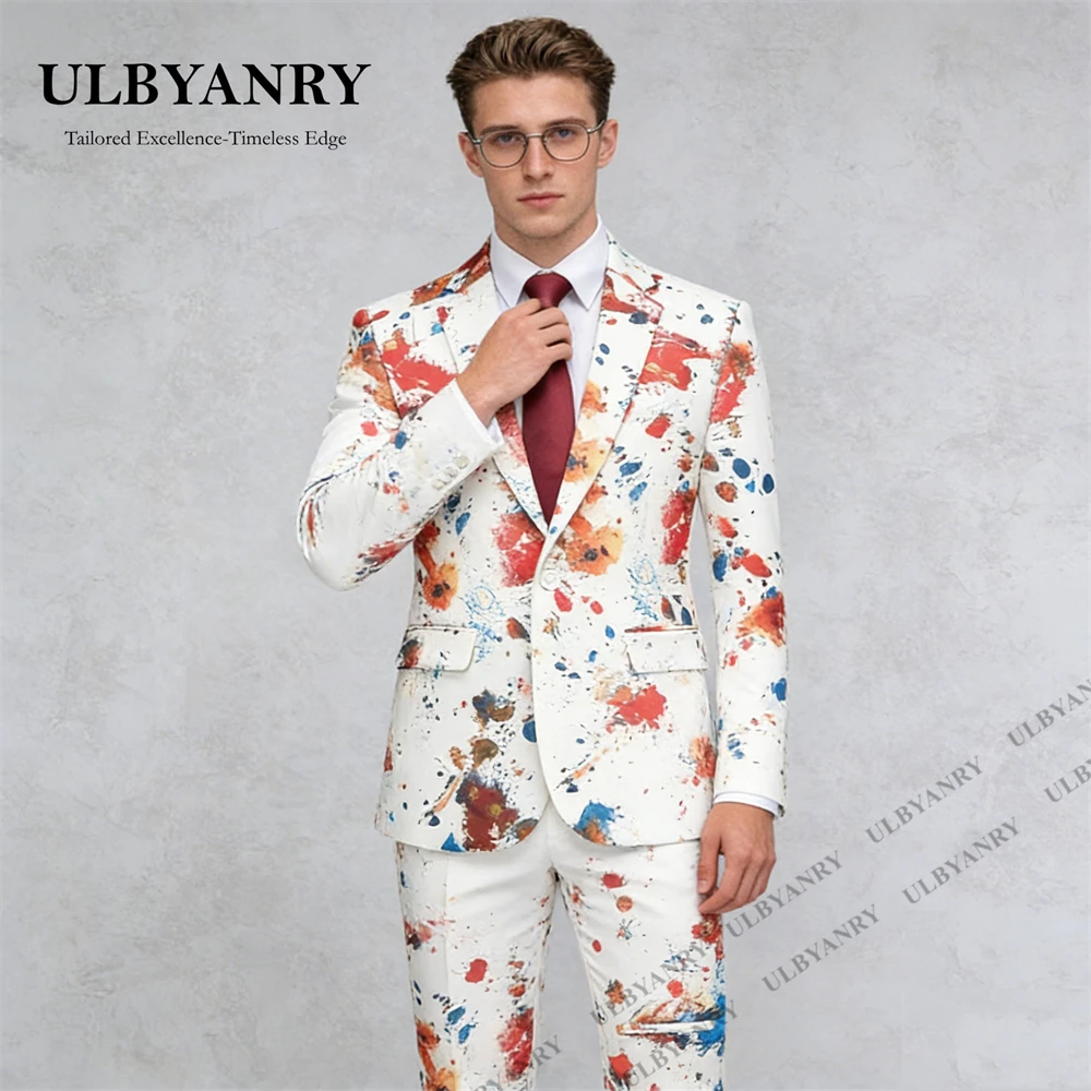 ULBYANRY Fashion Men’s Artistic Paint Print Suit Jacket & Pants Single - Button Slim Fit Blazer with Matching Trousers Wedding