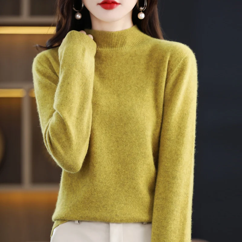 Autumn Winter 100% Merino Wool Sweater Women First Line Seamless Half-high Collar Pullover Basis Casual Cashmere Knit Solid Tops