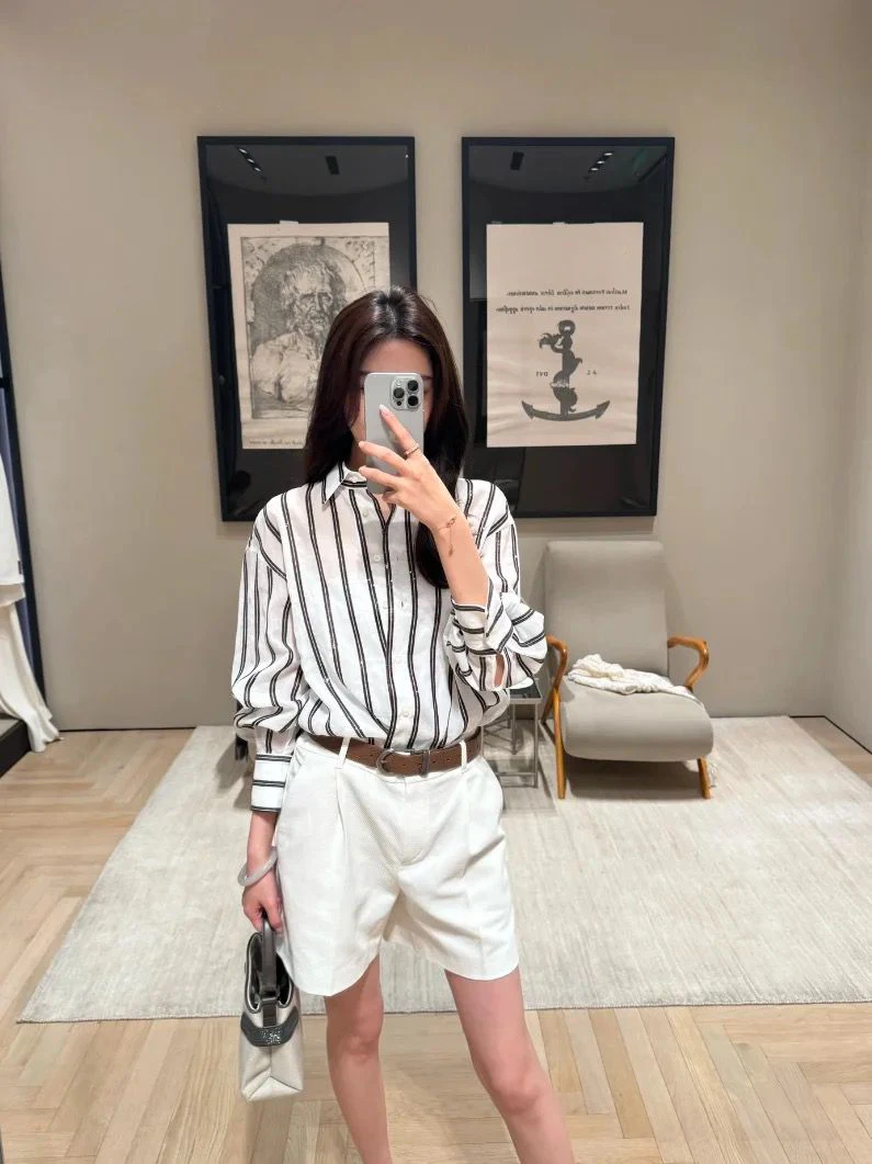 

2025 Spring Autumn Women Loose Casual Tops Long Sleeve Shiny Sequin Striped Shirt