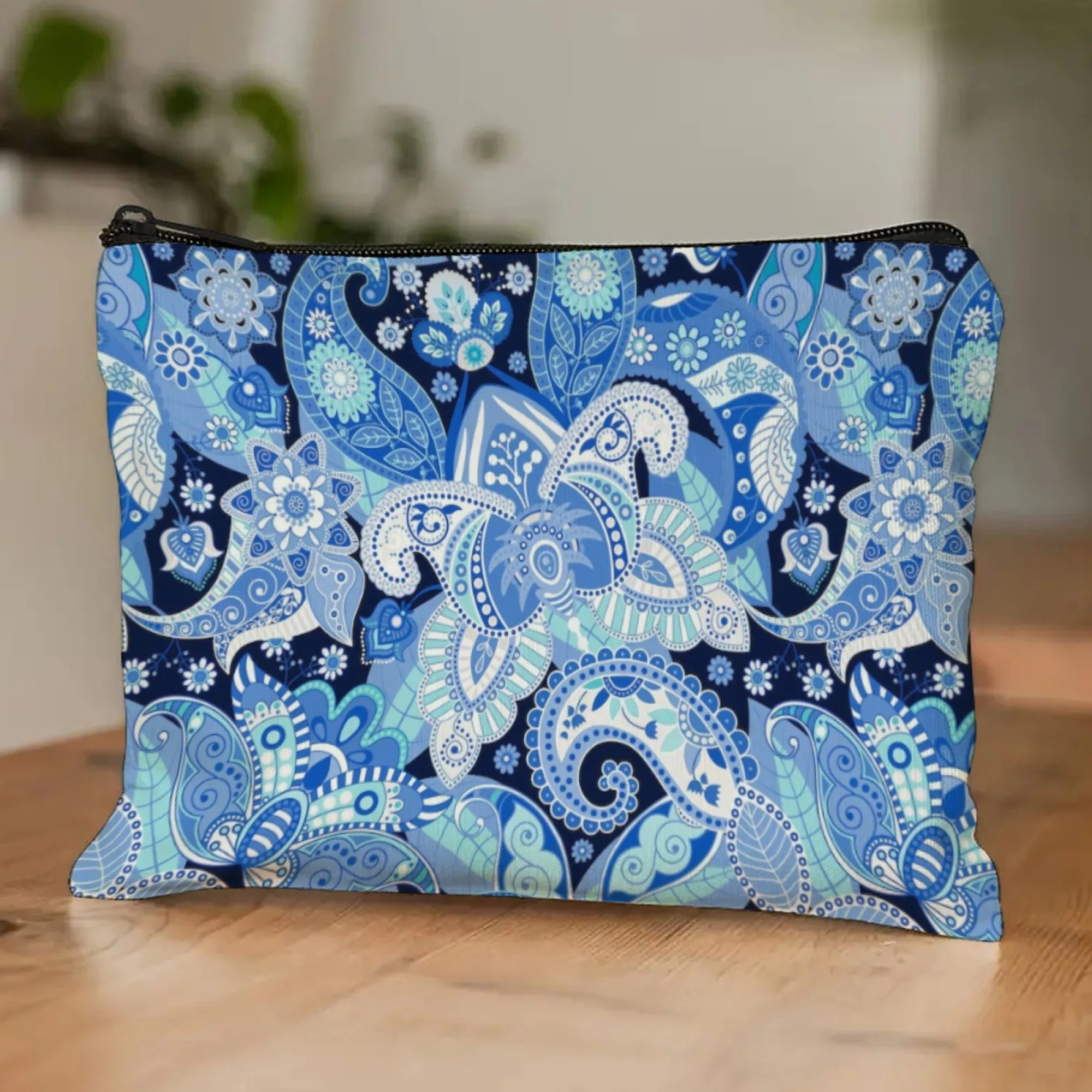 Paisley Pattern Vintage Bohemian Cosmetic Bag Muted Light Blue Base Intricate Teardrop Motifs & Fringed Edges for Bohemia