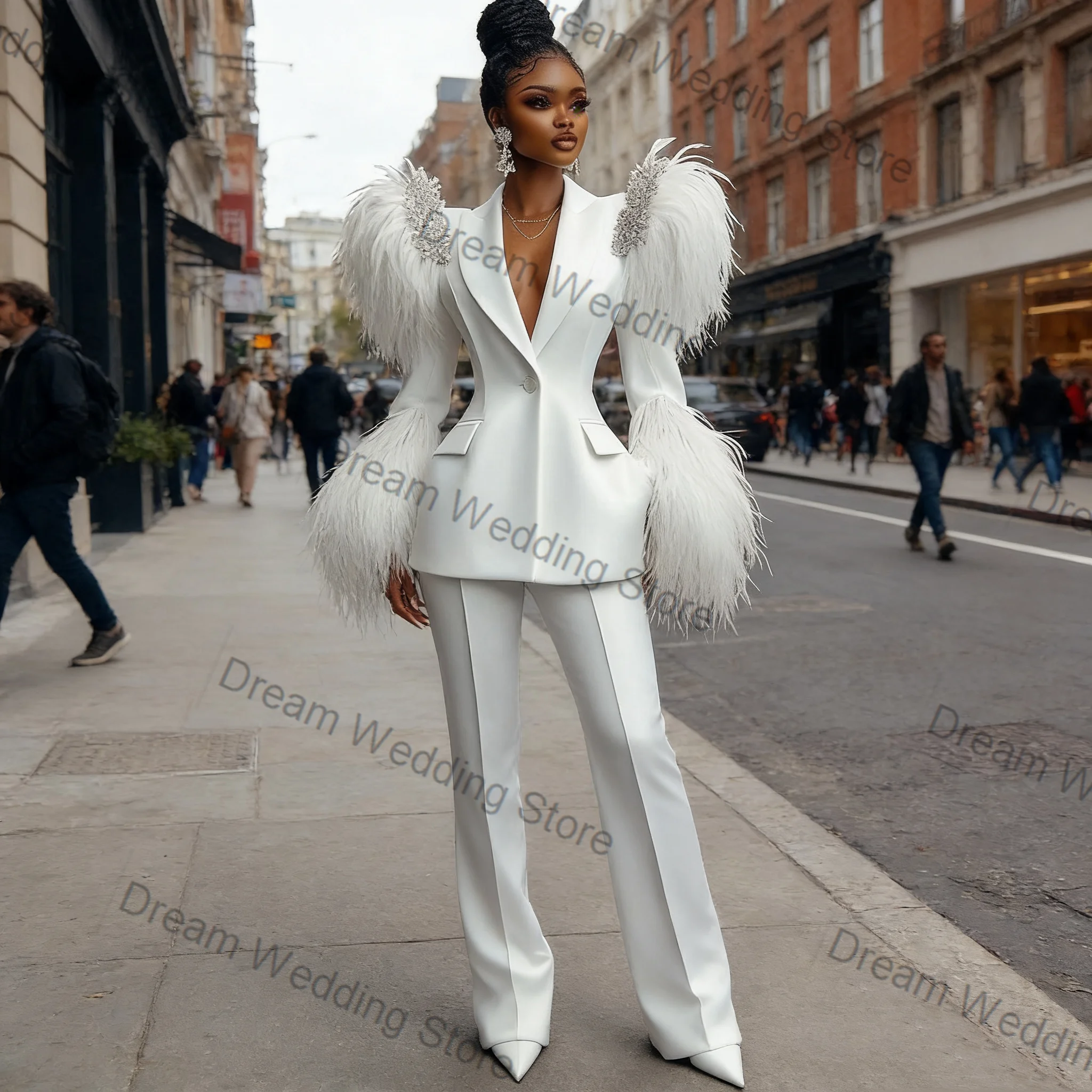 Feather Crystals Women Suit Set 2 Pcs Blazer+Pants White Cotton Spring Formal Office Lady Jacket Customized Wedding Guest Coat image 5