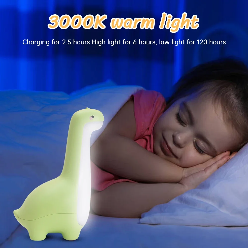 Luz nocturna de dinosaurio para niños: lámpara LED para guardería recargable por USB con 3 colores, luz de alimentación junto a la cama de dibujos animados lindos y ayuda para dormir