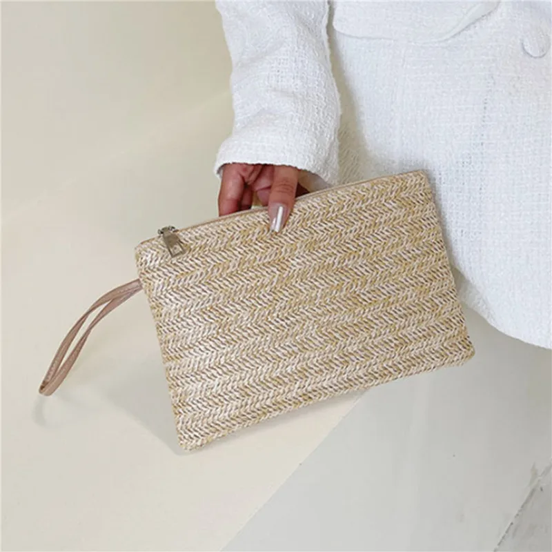 Women Clutch Bag Handmade Backpack Fashion Ladies Wristlet Girl Phone Solid Straw Woven Coin Purse Beach Wallet Fresh Sweet