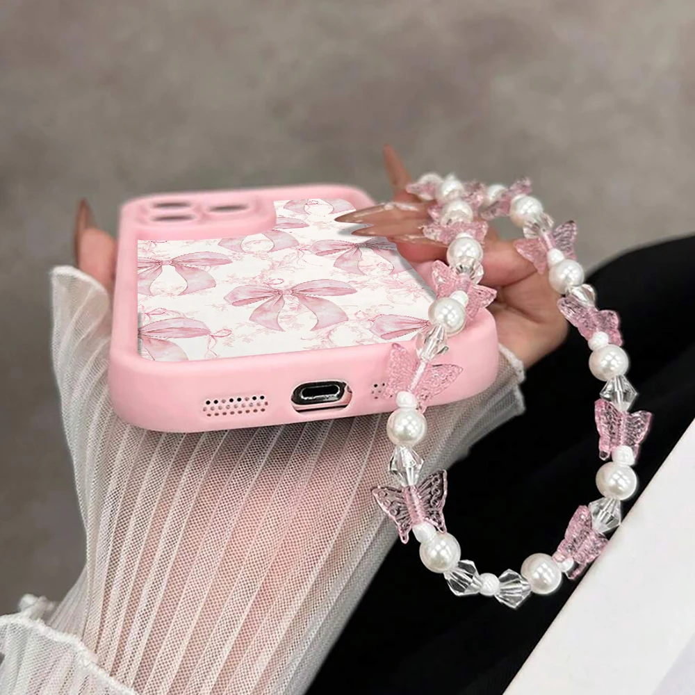 Koreanische Handgelenkschlaufen-Hülle für iPhone 17 15 16 14 Pro Max Plus Hüllen Rosa Schleife für iPhone 13 11 12 XR 7 mit Schmetterlings-Lanyard-Cover – Detail 9