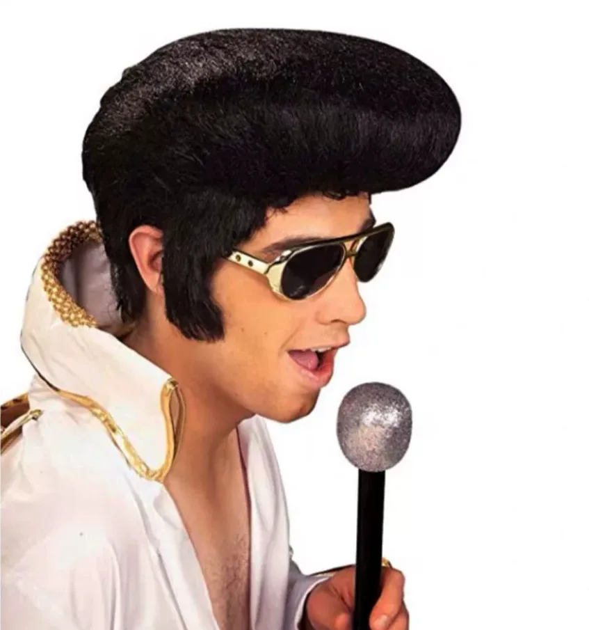 Elvis Presley Wig Glasses New! Men's Rock singers Elvis Cosplay Wig Elvis Black Heat Resistant Synthetic Hair Party Wig Wig Cap