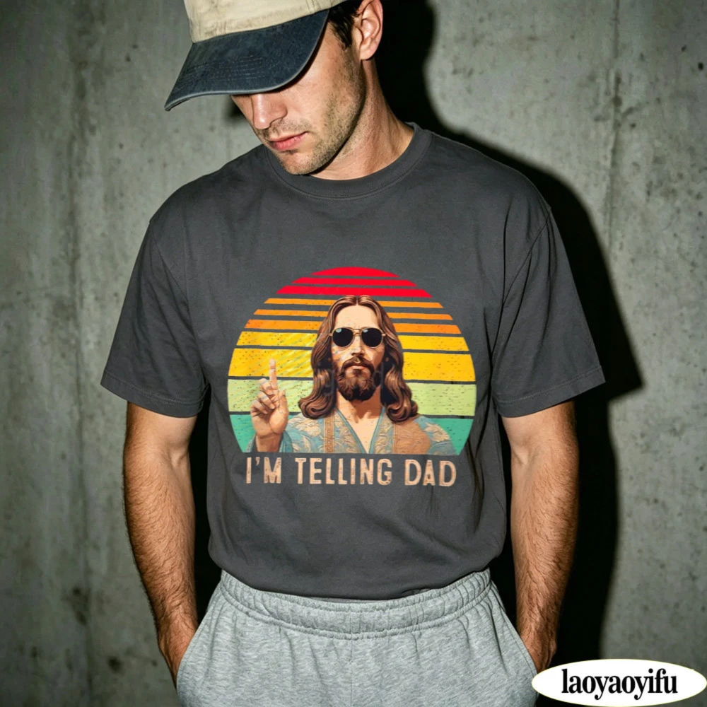 Retro Sunset Jesus with Sunglasses I'm Telling Dad Graphic T Shirt Funny Christian Religious Humor Tops Gift for Faith Believers