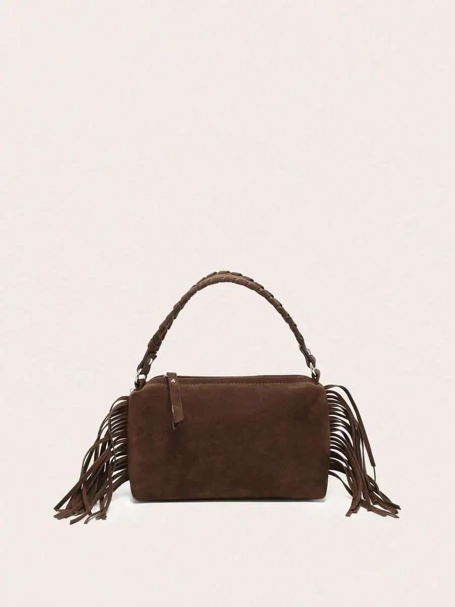 

Women's Suede Square Handbag, Large Capacity Fringe Bag, Retro Coffee Versatile Street Style, Suitable For Shopping