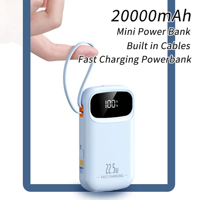

Внешний аккумулятор 22.5W 20000mAh с встроенным кабелем USB-C 10000mAh для iPhone 16 15 Samsung Xiaomi, портативное зарядное устройство, быстрая зарядка