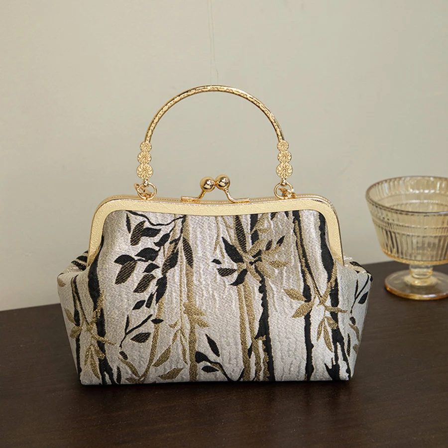 

Chinese Style Embroidered Satin Shoulder Bag Metal Handle Handbag Shell Small Square Bag Wedding Party Women Evening Clutch Bags