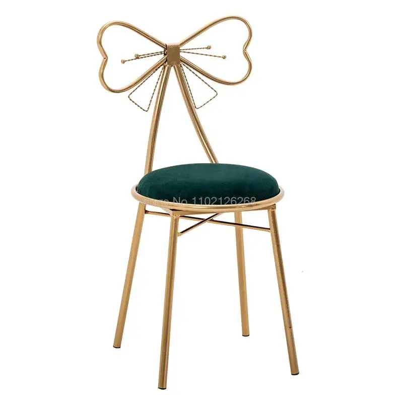 Nordic Princess Backrest Makeup Chair Gold Iron Leg Bow Tie Barstool With Seat Cushion Salon Spa Cafe Pub Kitchen Dressing Chair