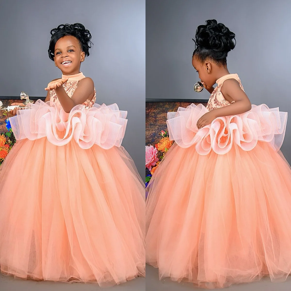 

Peach Pink Flower Girl Dress Crystals Tiered Tulle Princess Wedding Gown Kids Birthday Party Pageant Ball Gown Customized