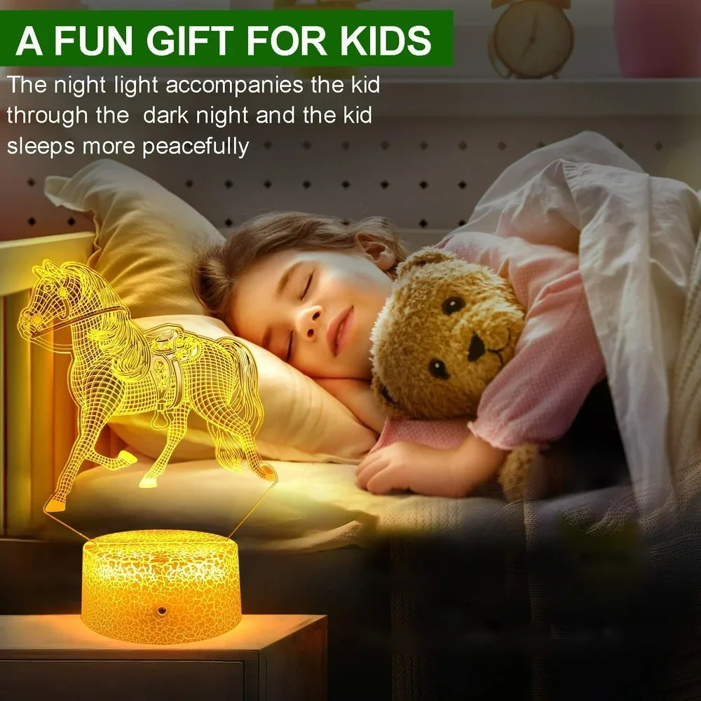 Nighdn 3d Illusie Paardenlamp Led Nachtlampje Voor Kinderen Jongens Meisjes Slaapkamer Decoratie 7 Kleur Veranderende Cadeau Baby Slaap Verlichting