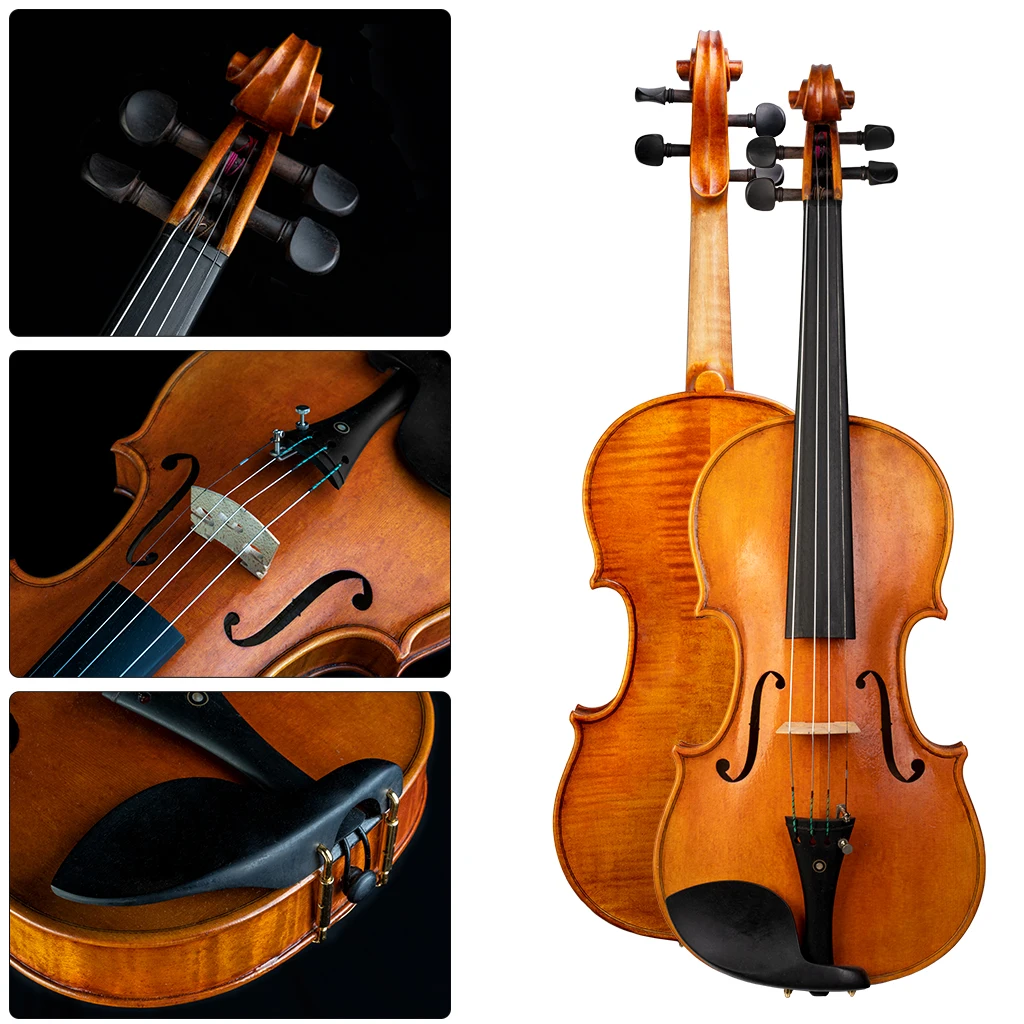 Advanced Concert Full Size Violin Fiddle Two Piece Back Flamed Wood Oil Paint Handmade Workshop High Level Luthier Fiddle SET