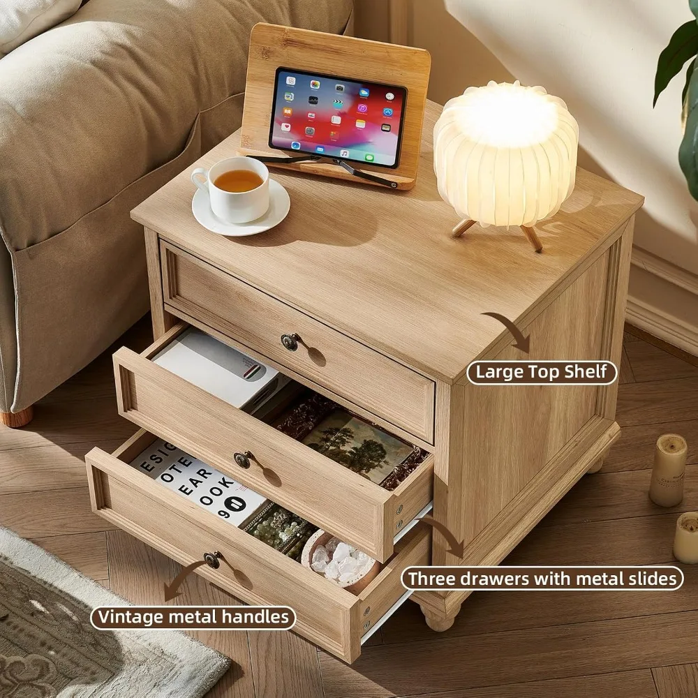 24" Wide Farmhouse Wood Nightstand Set of 2 3 Drawers & Metal Handle Bedroom End Table, Custom - view 4