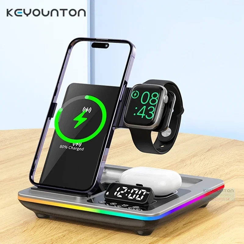 Foldable 4 in 1 Clock iPhone 15 14 Wireless Charger Station With Temperature for Apple Watch 8 7 Night Light Charging Stand Dock