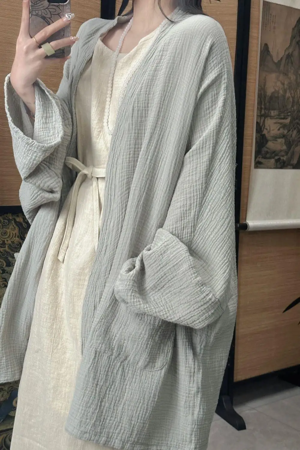 Cardigan suit women's autumn ramie waist lace-up dress with cotton yarn jacket two-piece set cold loose dress