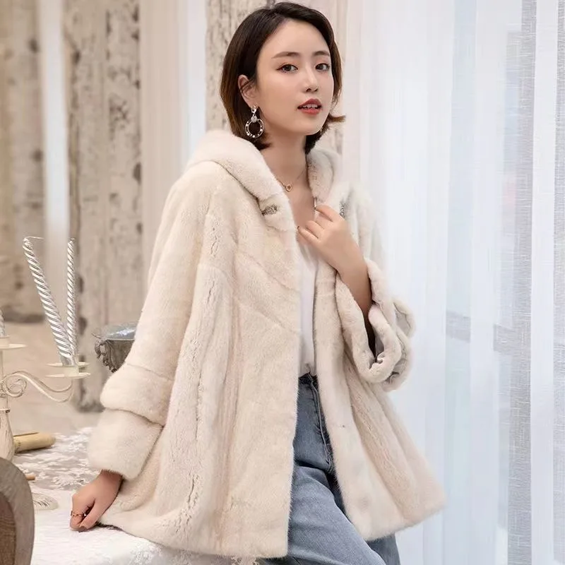 

2023 New Women Winter Faux Marten Fur Coat Mid-length Overcoat Lazy Wind Loose Warm Jacket Hooded Fashion Simple Outwear