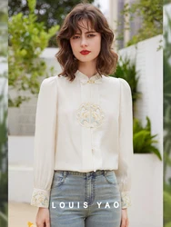 LOUIS YAO Chinese Style Embroidered Shirt 2024 Spring New Stand Collar Long Sleeve Loose Fit Elegant Blouses Top