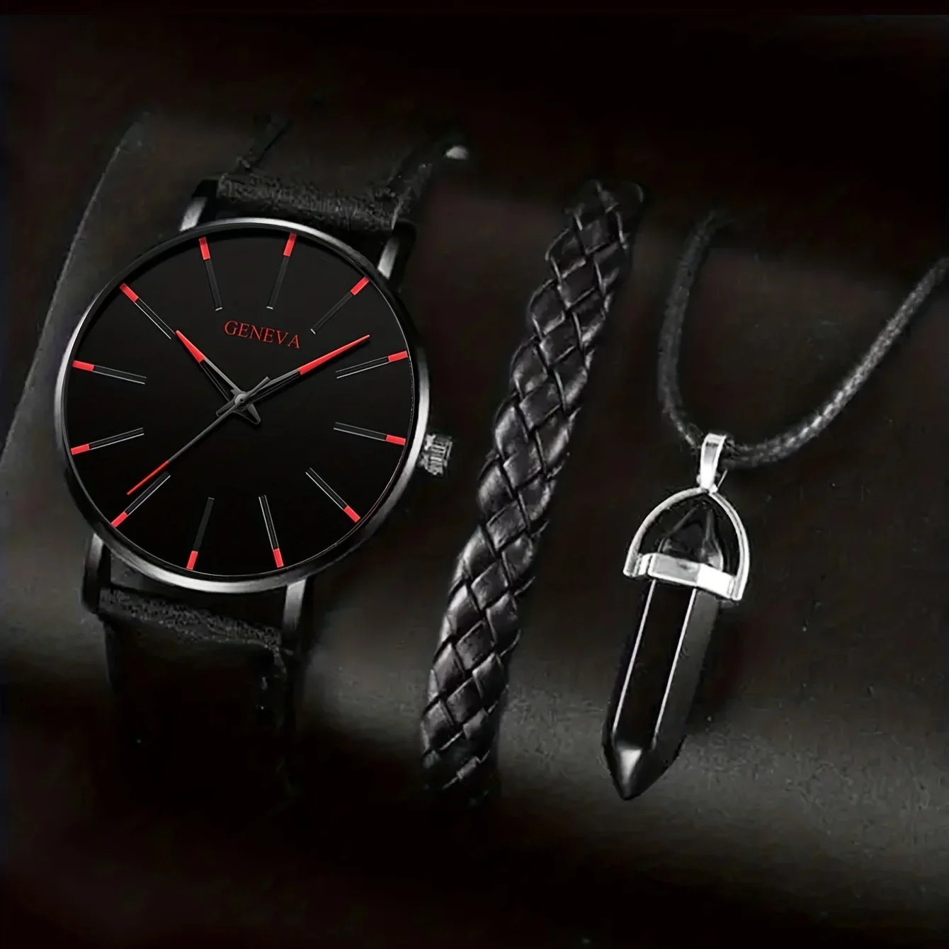 メンズクォーツ腕時計、ブレスレットとネックレス、ギフトに最適、セットあたり3個