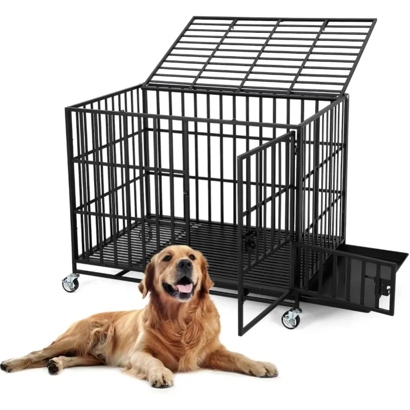 Garvee XXL Ausbruchsichere Metall-Hundebox Europäische Version, 3 Abschließbare Türen Robuster Tierkäfig mit 4 Universalrollen & Herausnehmbarer Reinigungsschale, Großer Hundekäfig für Innenbereich