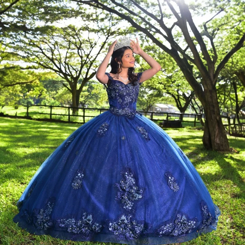 

Shiny dark blue Off Shoulder Quinceanera Dress sequin 3D flower applique Tull layering vestidos de 15 Quinceanera ﻿Customized