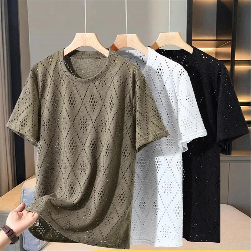 

Plus Size Fat Person 4XL-11XL T Shirt For Men Short Sleeved Mesh Summer Quality Cotton Blends Hollow Breathable O-Neck Camisetas