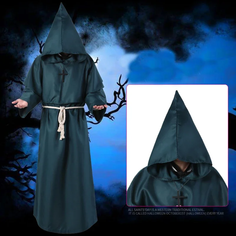 New Wizard Costume Halloween Cosplay Costume Medieval Hooded Robe Monk Friar Robe Priest Costume Ancient Clothing Christian Suit