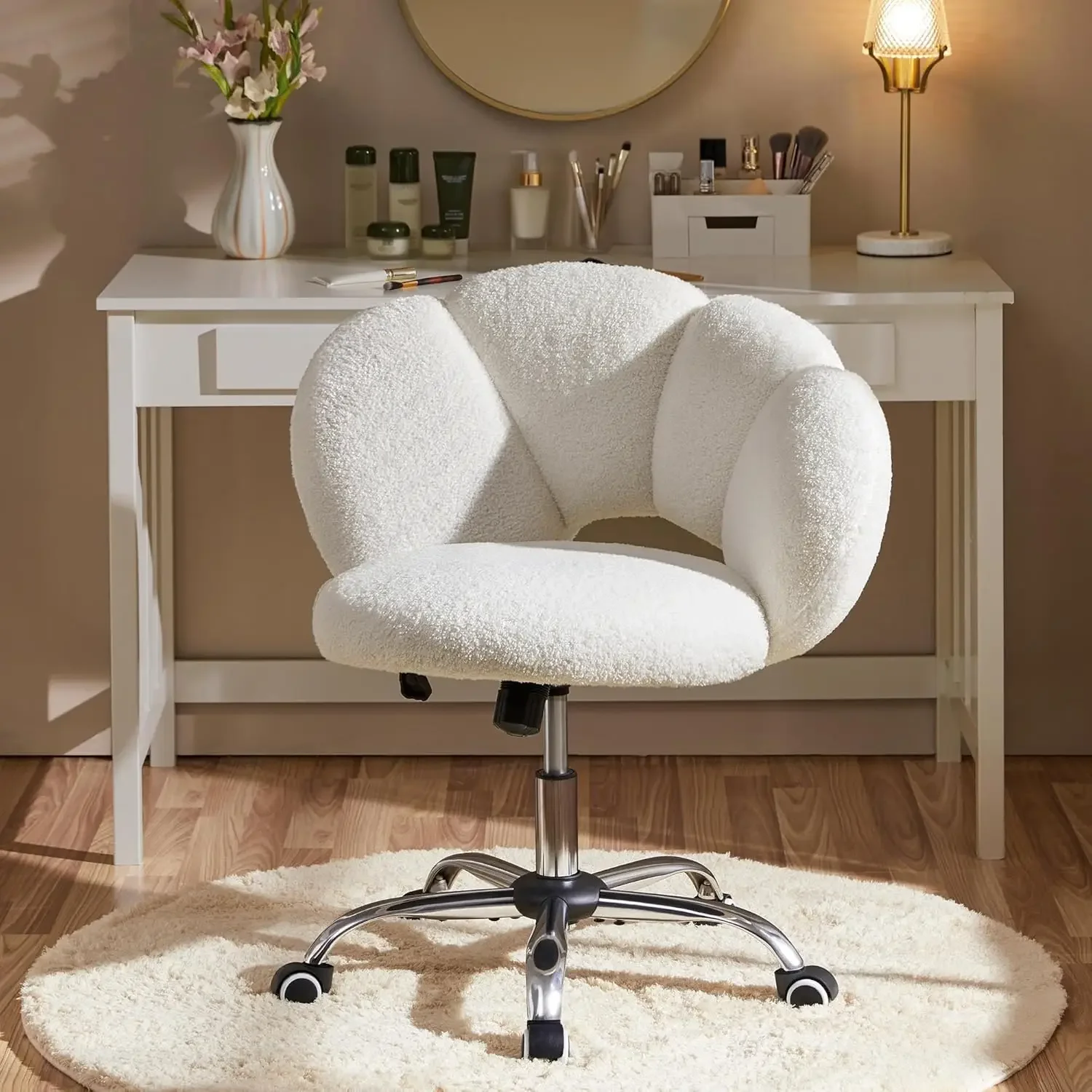 Boucle Upholstered Desk Chair Cloud-Shaped Vanity Adjustable Home Office Chair Computer  with Rolling Wheels