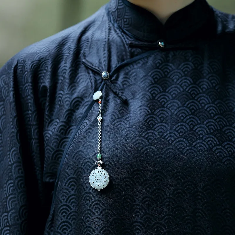 Original Natural Hotan Jade Round Ruyi Button Pendant Openable Vintage Long Chain Tassel 925 Silver Jewelry Hanfu Accessories