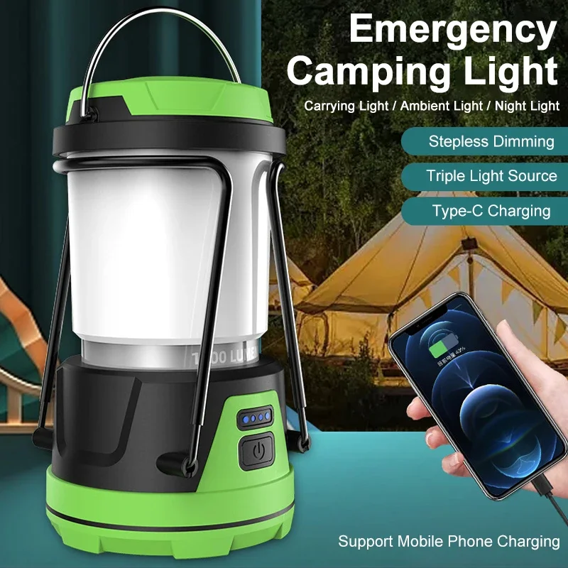 Rechargeable LED Stepless Dimming Camping Lamp 4Modes 1000LM Portable Lanterns with Bracket Outdoor Hanging Emergency Tent Light