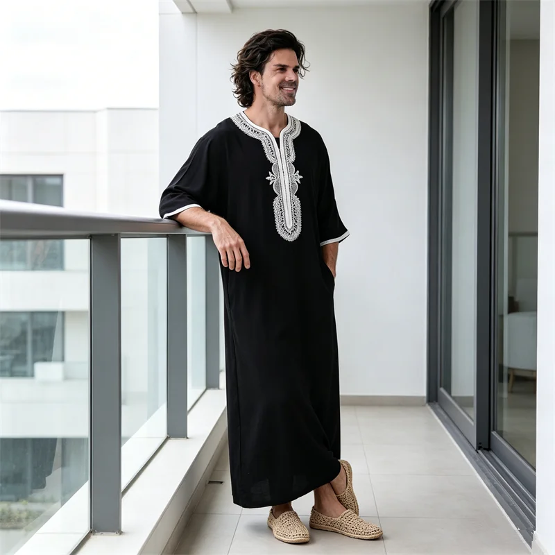 

Muslim Men Jubba Thobe Embroidery Robe Saudi Islam Musulman Wear Clothing Abaya Caftan Islam Dubai Arab Dress Daffah Dishdasha