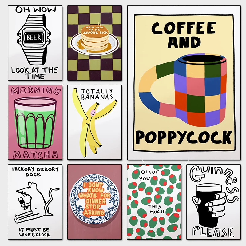 Póster colorido de dibujos animados divertidos para cocina, cerveza, vino, oliva, café, rata, impresiones, pintura en lienzo, imagen artística de pared, decoración para el hogar y la sala de estar