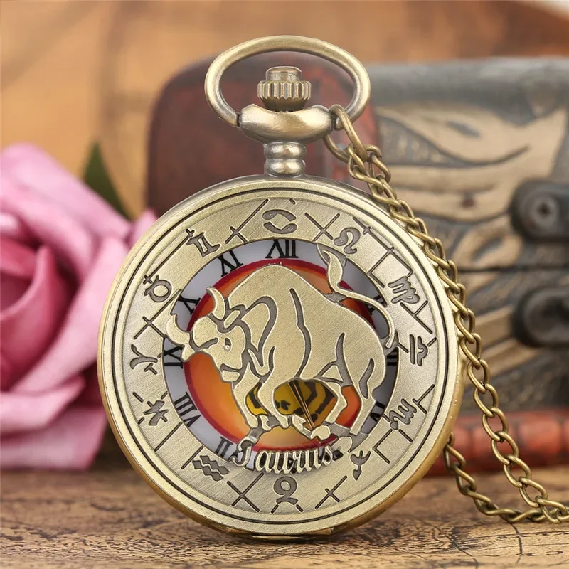 Antique Hollow Twelve Constellation Roman Number Dial Women Men Bronze Quartz Pocket Watch Necklace Sweater Chain Birthday Gift