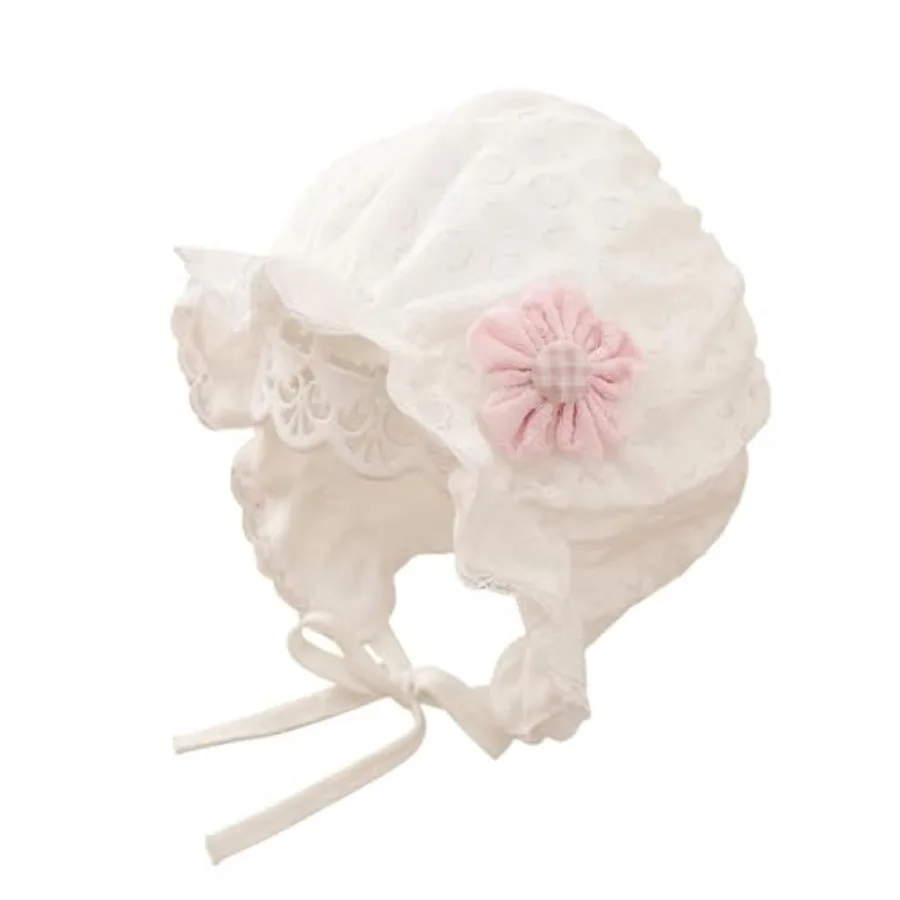 Baby Girl Cotton Muslin Bonnet - Vintage Ruffle Lace Newborn Sun Hat Adjustable Chin
