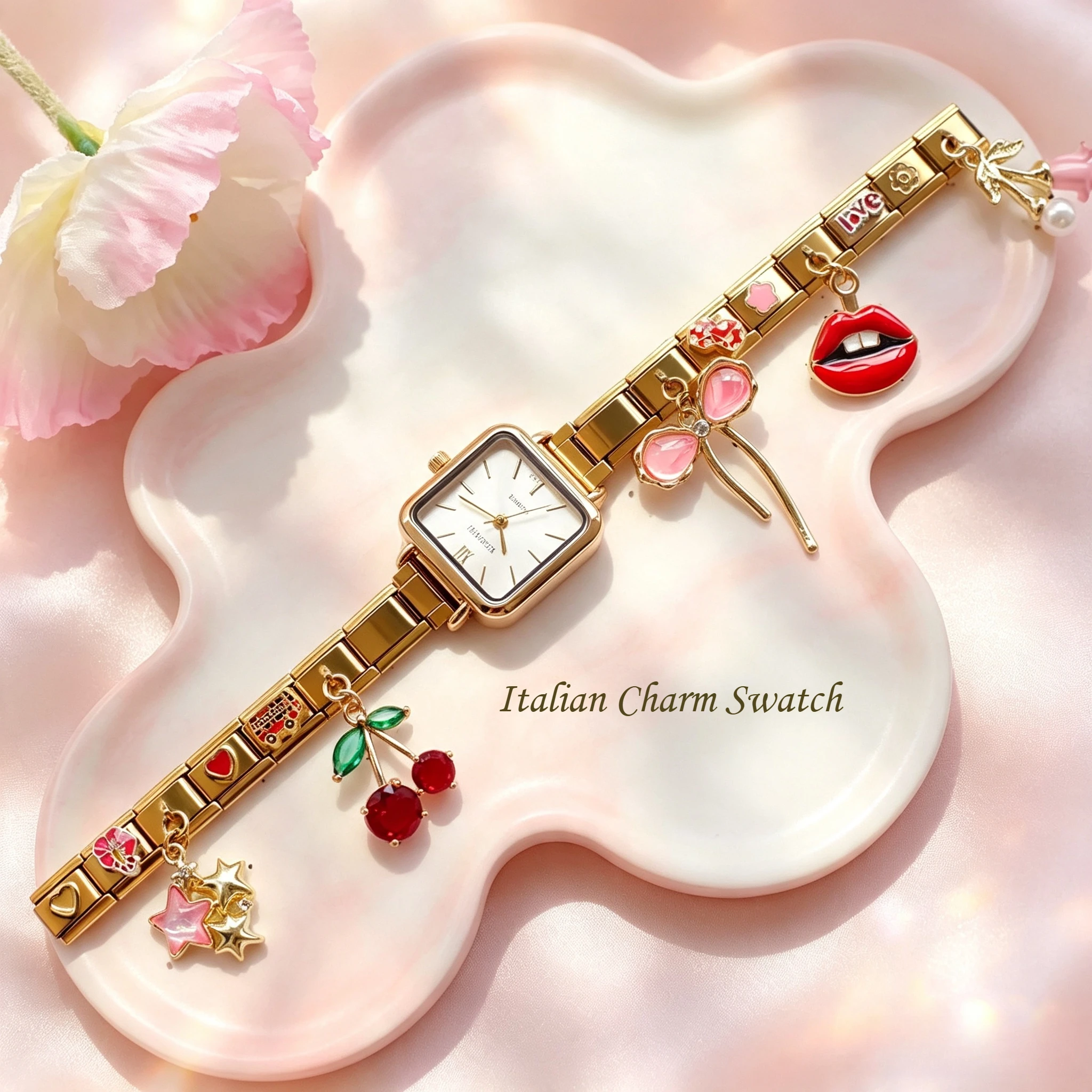 Fashion Square Italian Watch Stainless Steel Link Bracelet Quartz Wristwatch DIY Charms Beads Ladies Dress Watch Fashion Jewelry