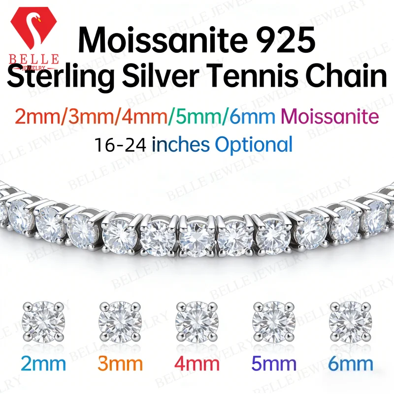 

Moissanite Tennis Necklace 925 Sterling Silver D VVS1 Round Cut 2-6.5mm Hypoallergenic Daily Wear Hip Hop Jewelry 16-24inch