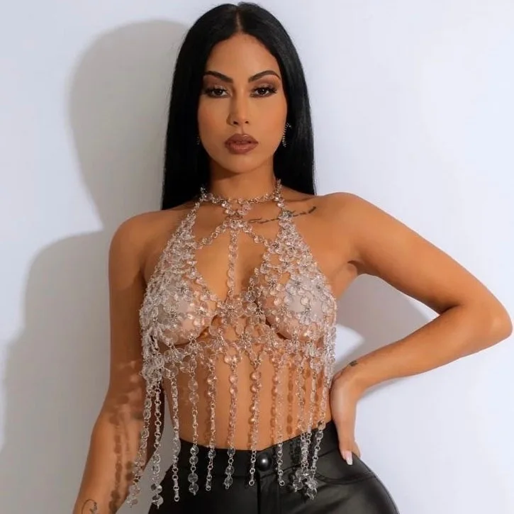 Heavy Industry Crystal Tassel Body Chain Sexy Spicy Girl Hollow Neck Hanging Chest Chain Beach Party Chest Decoration