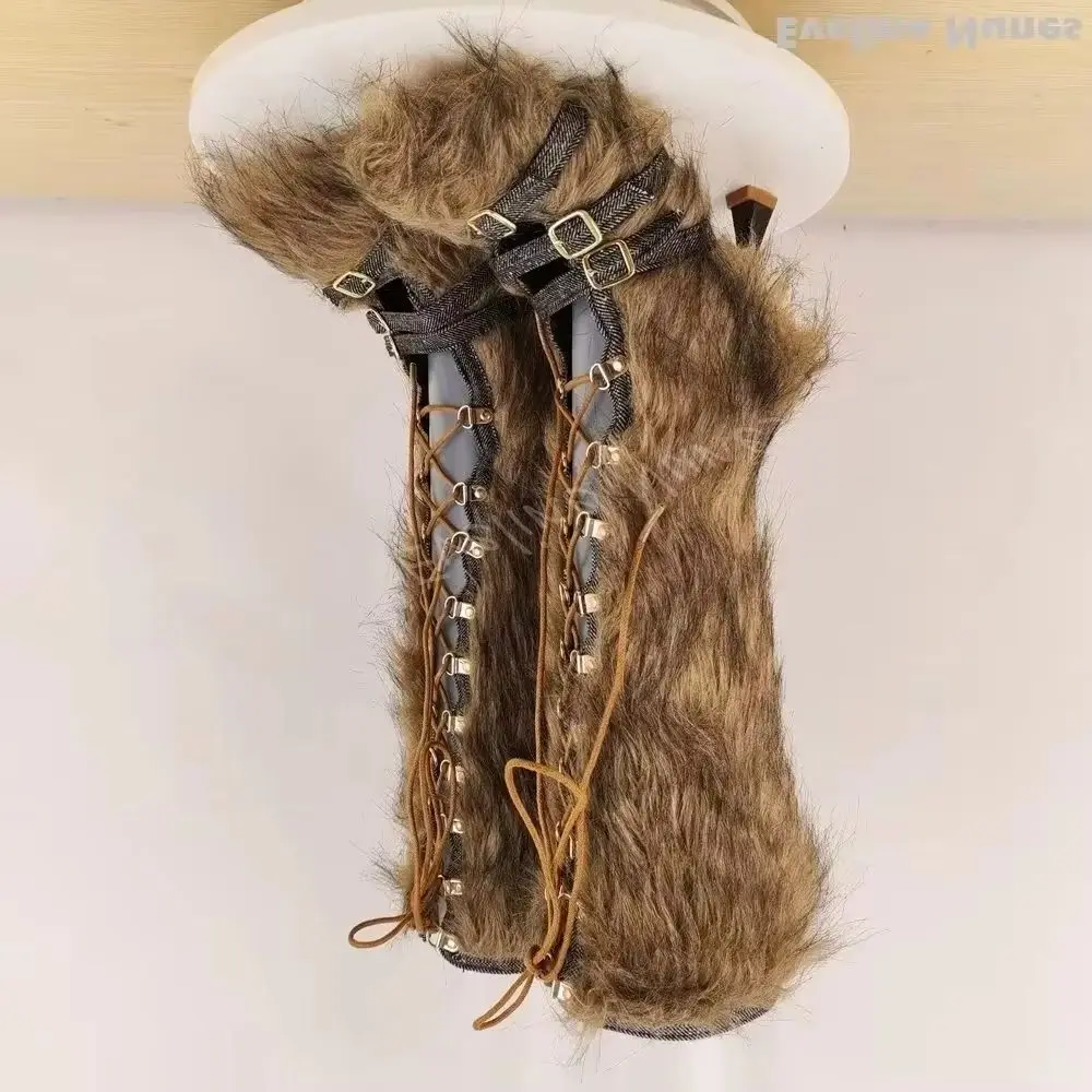 

Пушистые летние сапоги на шнуровке, женские сапоги до колена с круглым носком и пряжкой на каблуке с пряжкой, модные новые сапоги для подиума 2025, вечерние сапоги